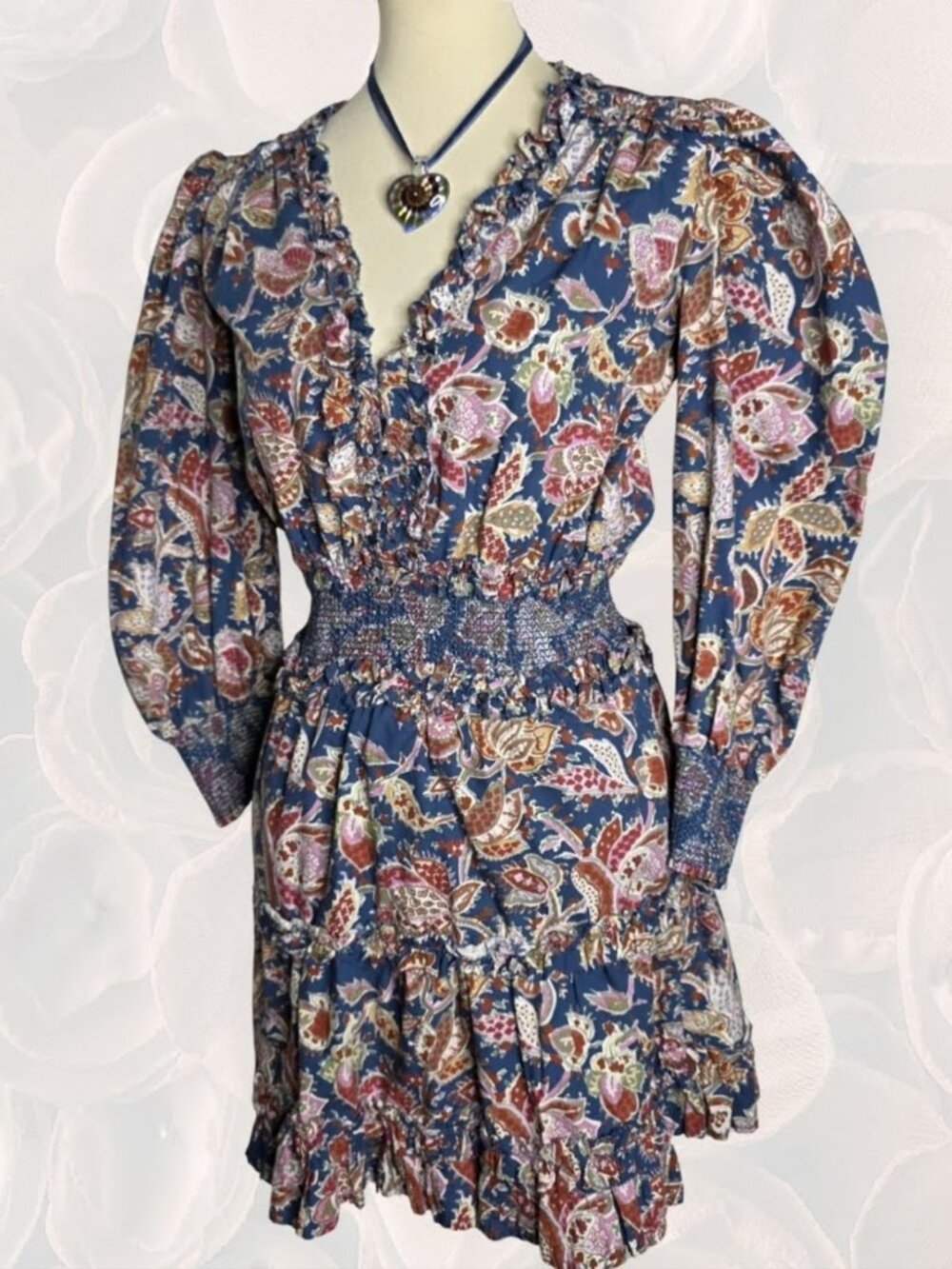 Love the Label Floral Paisley Smocked Waist Puff Sleeve Mini Dress Size Small